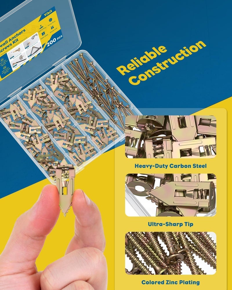 Vibit Self Drilling Drywall Anchors, Heavy Duty Wall Anchors for Drywall, Metal Dry Wall Anchors and Screws Kit, Carbon Steel Sheetrock Anchors with #6 x 1 3/8" Screws, Picture Hanging Kit, 200 Pcs - Image 3